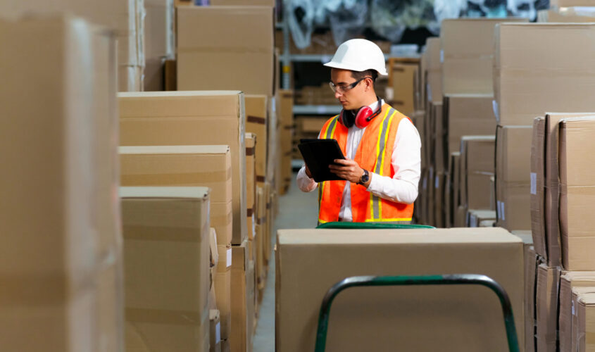 Employee of a logistics warehouse conducts an inventory of products